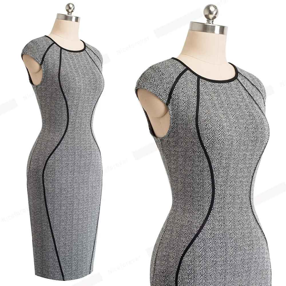 Nice-forever Vintage Optical Illusion Wear to Work vestidos Bodycon Sheath Women Office Business party Elegant Dress B458