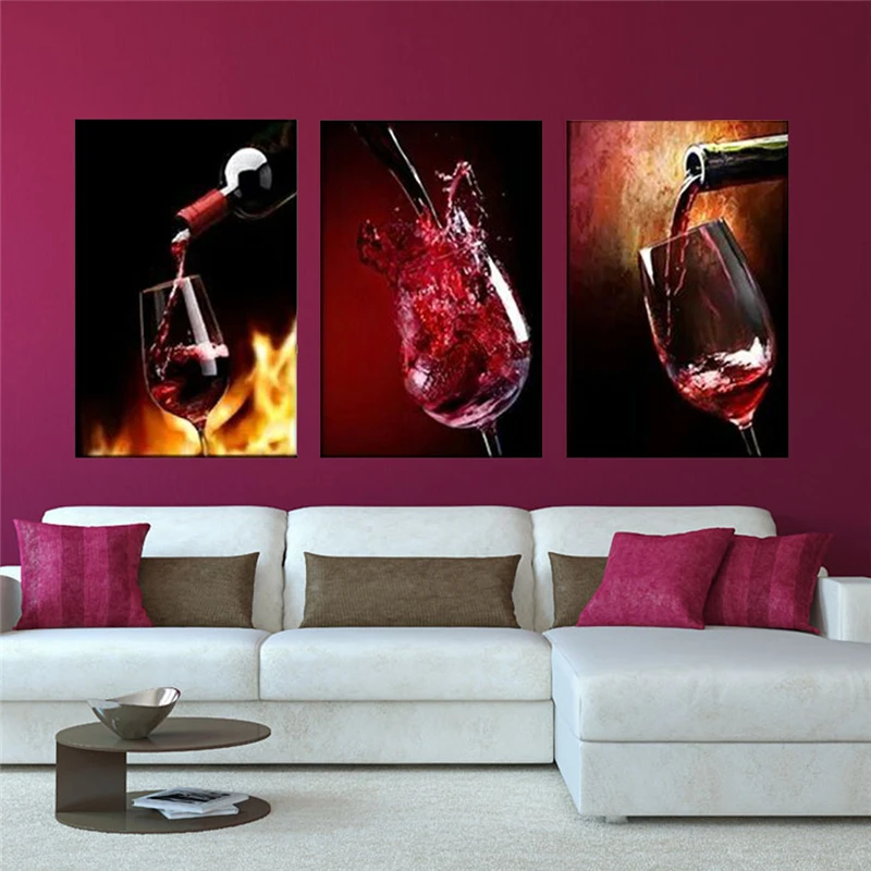 New 3pcs Modern Kitchen Canvas Paintings Red Wine Cup Bottle Wall Art ...