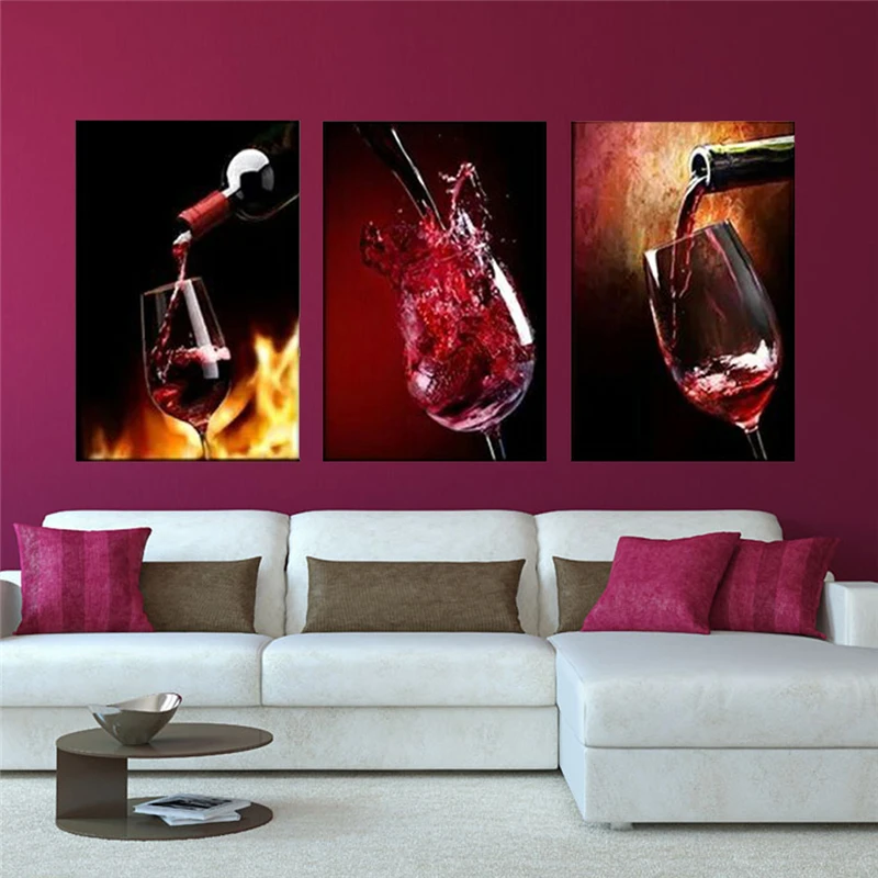 New 3pcs Modern Kitchen Canvas Paintings Red Wine Cup Bottle Wall Art