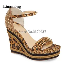 Newest Women Wedges Brand Design Open Toe Gold Rivet High Platform Leopard Wedge Sandals Sexy 15cm Heels Height Increased Shoes sorbern light gold rivet women sandal with wedge heels platform rope shoes woman t strap open toe sandals high heels custom