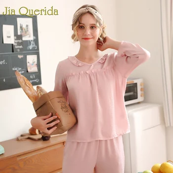 

J&Q Fashion Home Wear Women 2019 Spring New Solid Long Sleeves Fritillary Satin Polyester Soft Light Pajama Set Women Pyjama