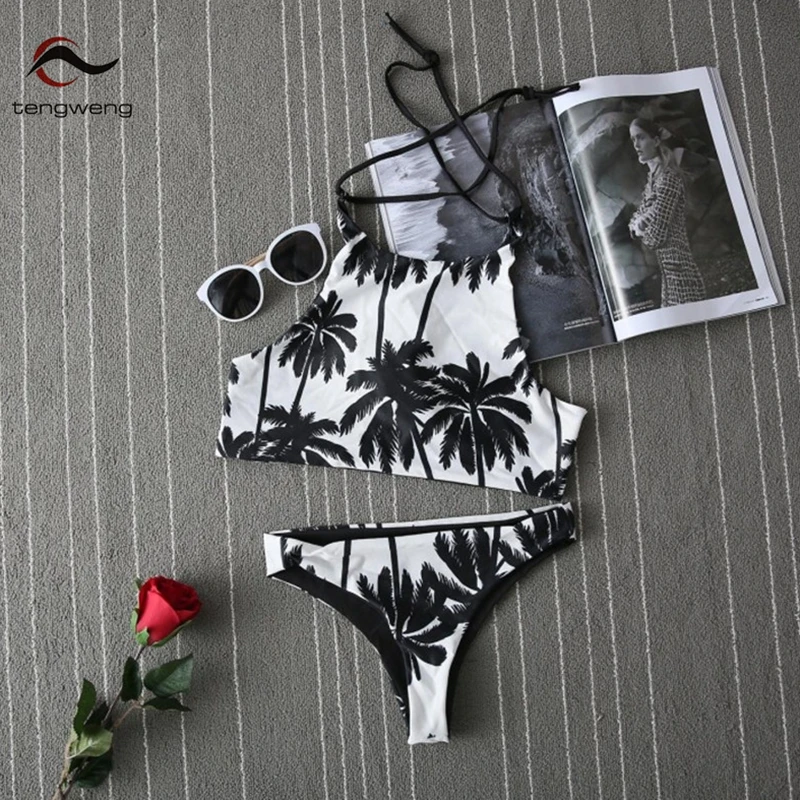Tengweng Summer Women Palm Tree Bikinis Set Women Padded Crop Top Push Up Tankini Brazilian Plus