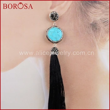 

BOROSA 4pairs Drusy Dangle Earrings for Women Blue Howlite Stone Rhinestone Pave & Long Satin Tassel Drop Earrings JAB625