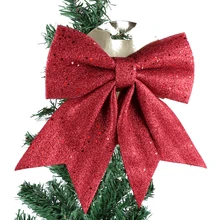 Grand nœud de ruban de noël en or rouge scintillant, décoration d'arbre de noël faite à la main