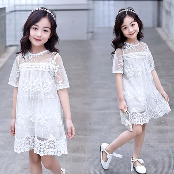 

White Girls Lace Dresses Cute Solid Short Sleeve Princess Dresses for Baby Kids Clothes Cotton Hollow Fashion Wedding Birthday