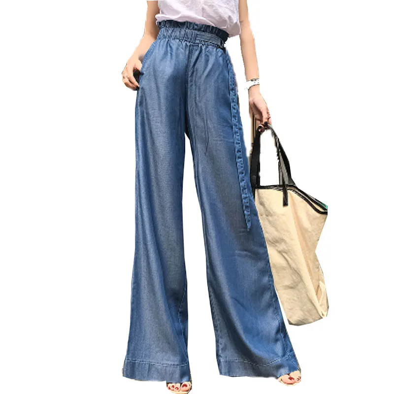 

2019 Summer Hight Waist Ice Silk Wide Leg Jeans Pants Denim Women Loose Straight Leisure Casual Trousers Long To The Floor