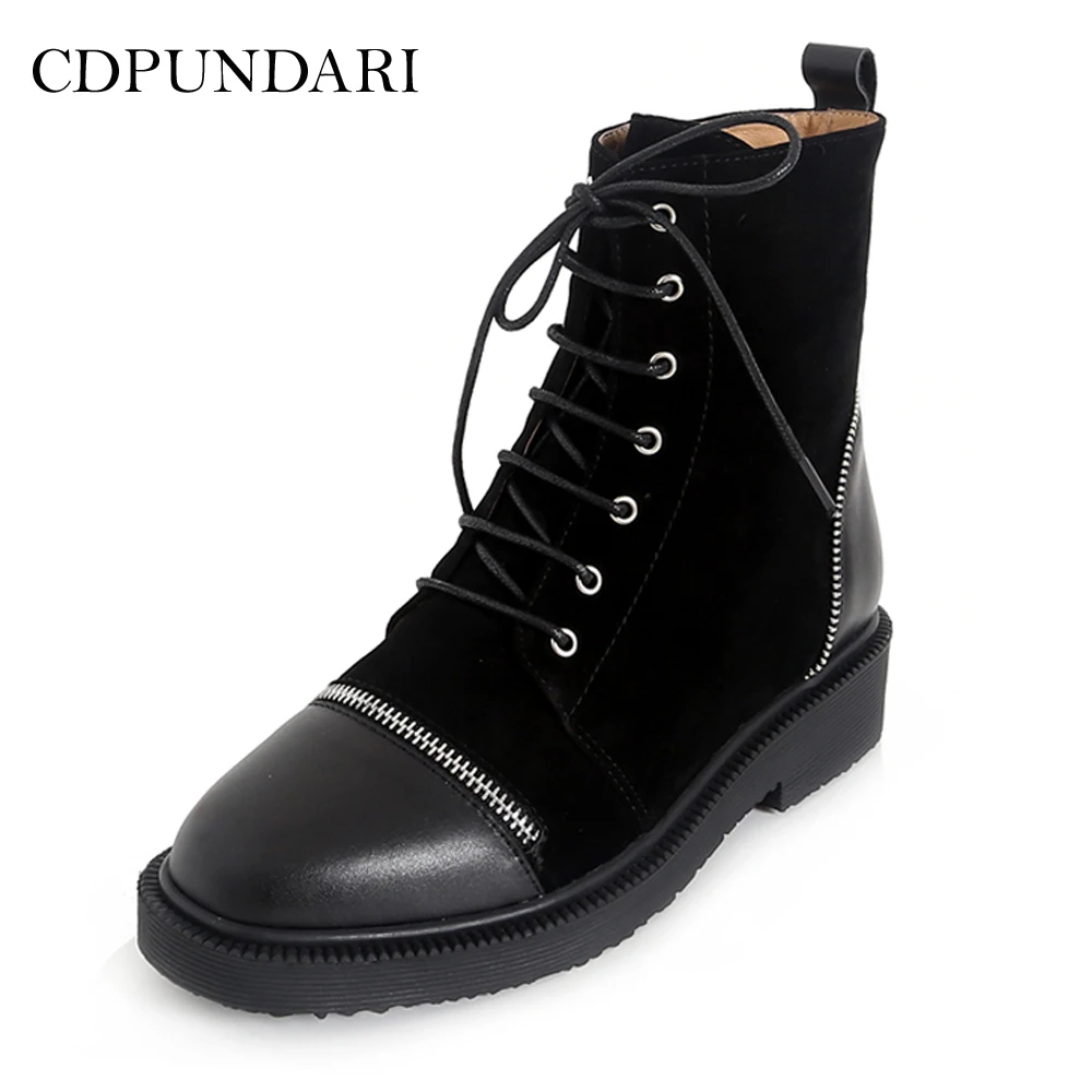 

CDPUNDARI Lace Up Black Genuine Leather Ankle boots for women Low heel Platform Motorcycle boots Ladies Winter shoes