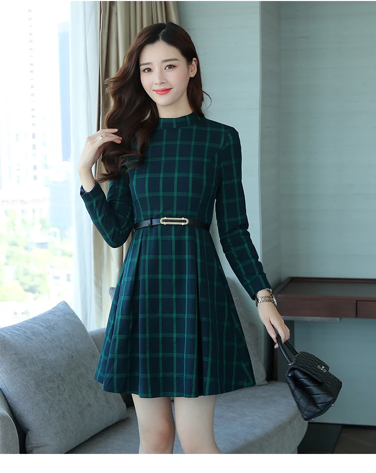 dress autumn outfit women plaid print long sleeve o neck belted outfit ...