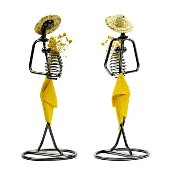 

Yellow Skirt Girl Beauty Lady Flowers Holder Vase Metal Iron Cloth Straw Hat Figurines Craft Home Decoration Gift Ornaments