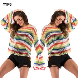 Women's Thin Sweater Loose Large Size Fashion Trumpet Sleeves Color Striped Hollow Sun Blouse Women's Shirt 1004 Women's Thin Sweater Loose Large Size Fashion Trumpet Sleeves Color Striped Hollow Sun Blouse Women's Shirt 1004
