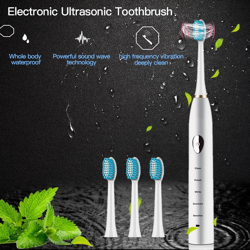 

Waterproof Ultrasonic Sonic Electric Toothbrush USB Charge Rechargeable Tooth Brushes With Replacement Heads With Timing