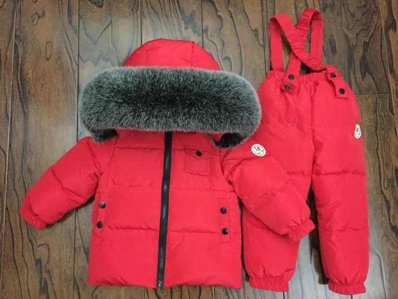 Теплая зимняя одежда для маленьких девочек комплект из 2 предметов, повседневная одежда с капюшоном на белом утином пуху, утепленный детский комплект, модный детский комплект - Цвет: red