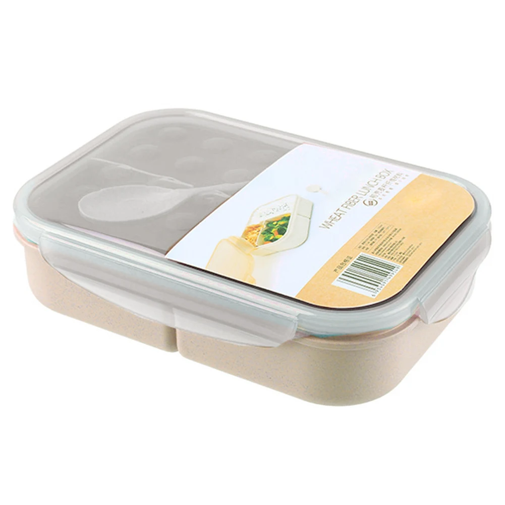 

Children Breakfast Leak Proof Case Rice Food Storage School Container Wheat Straw Lunch Box With Spoon Kids Keep Fresh 3 Grids