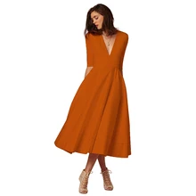 Новинка, 13 цветов, элегантное женское платье с глубоким v-образным вырезом и половинным рукавом, осенне-зимнее однотонное платье, тонкое сексуальное длинное женское платье с высокой талией