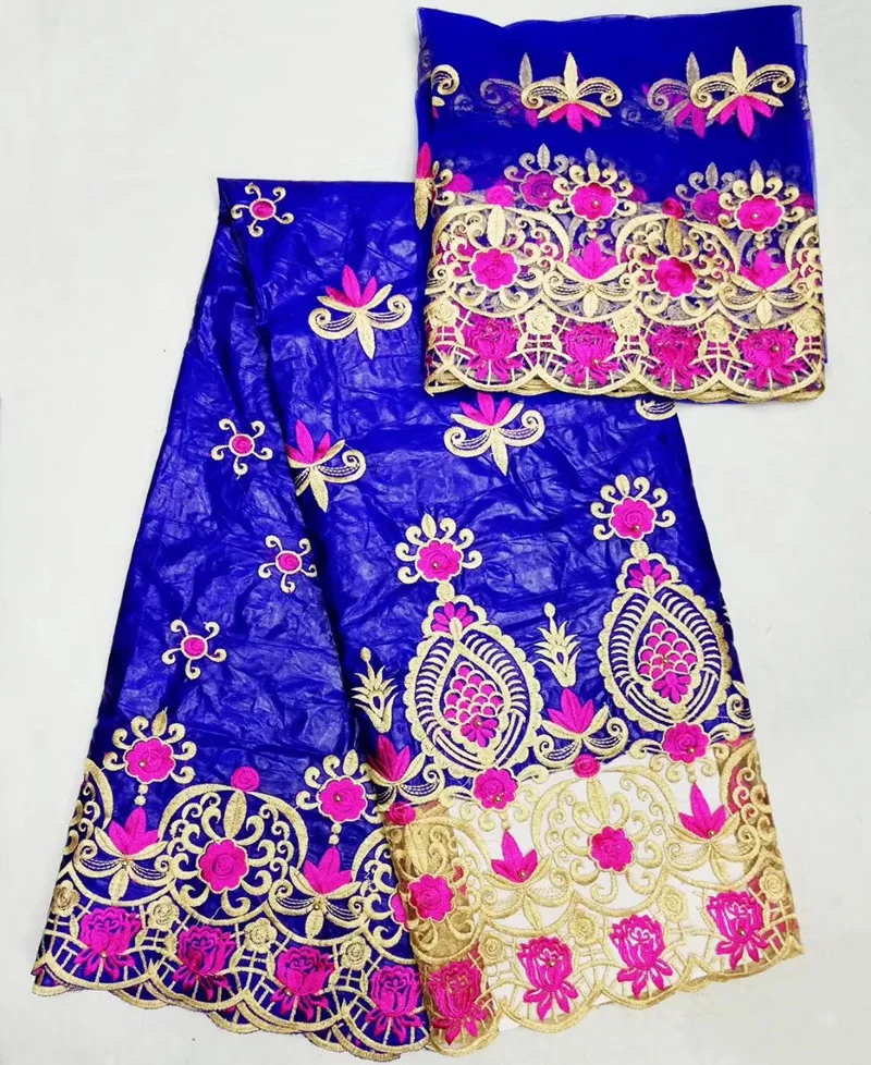 

(5+2 yards/set) royal blue African bazin lace fabric with wonderful embroidery and net lace border for party dress BZL22