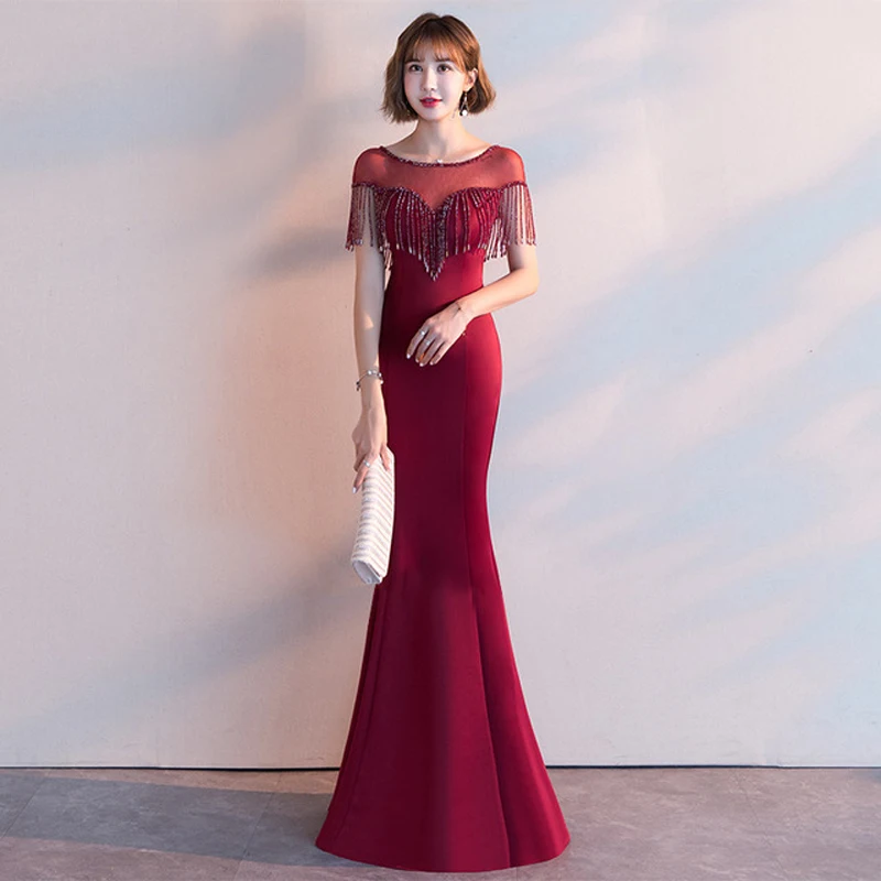 

Wine red Oriental Style Dresses Chinese Bride Vintage Traditional Wedding Cheongsam Dress Long Mermaid Dress Modern Gown