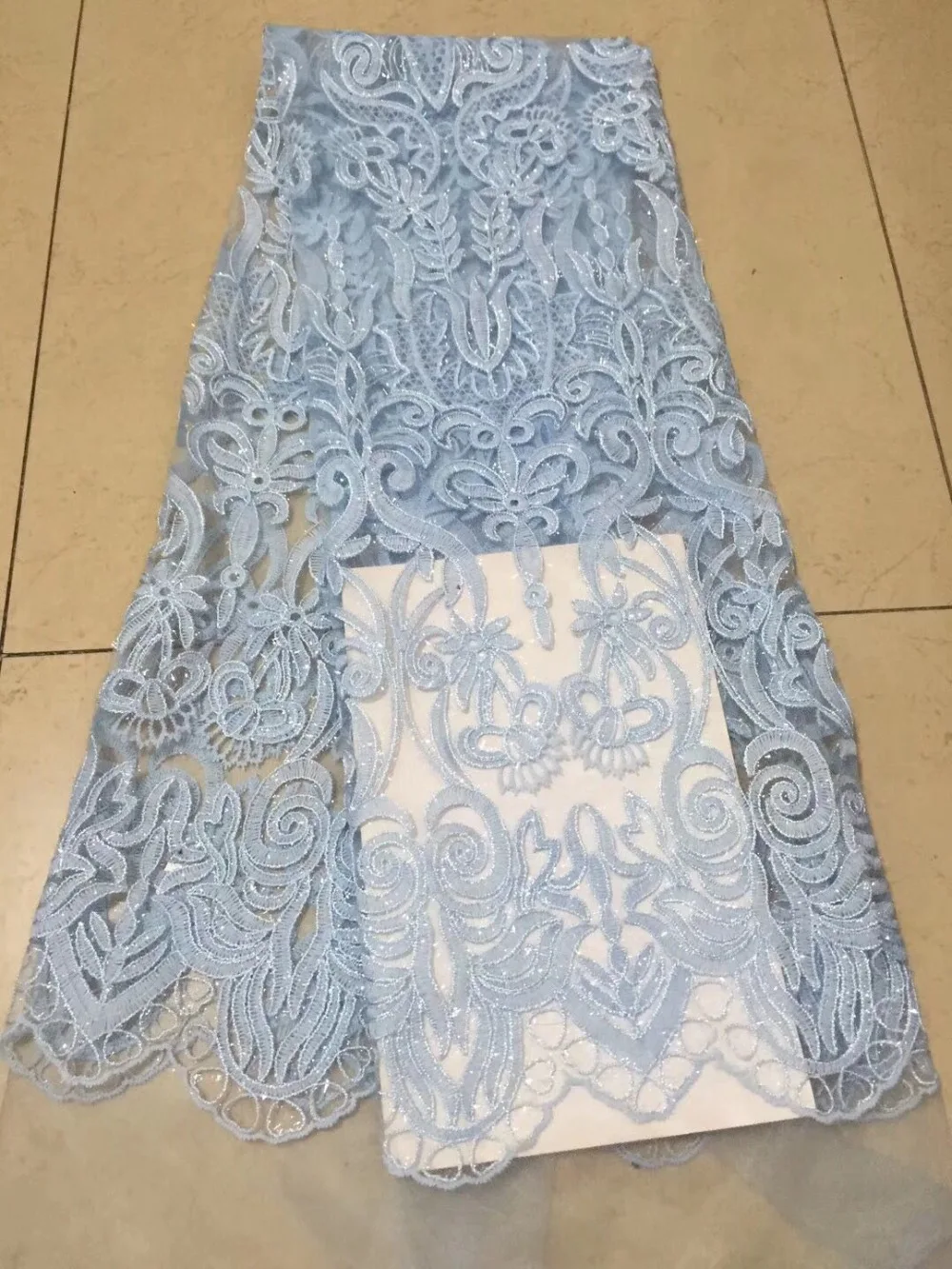 

2018 New French Nigerian sky blue sequins net lace,African tulle mesh Sequence lace fabric high quality for wedding dress