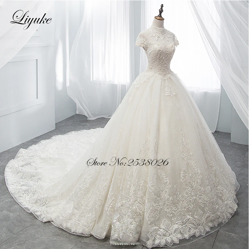 Liyuke роскошный Часовня бальное платье для процессии свадебное платье с коротким рукавом Элегантный бисер Vestido de boda