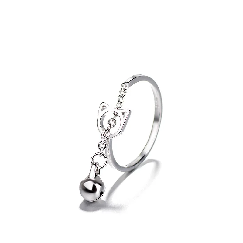 

New Fashion Silver Metal Hollow Cat Open Ring With Bell Pendant Charm Chain For Women Girl Lovely Cute Animal Jewelry Gift