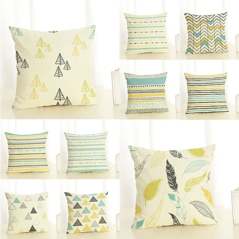 

Fresh Light Color Printed Arrow Geometric Cushion Cover 45x45cm Linen Lines Throw Pillow Covers Feather Trees Pillowcases Decor