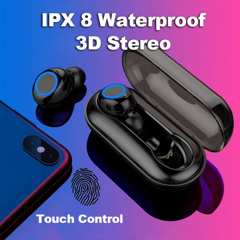 Wireless Earphone, Touch Control Bluetooth Headset Noise Cancelling IPX 8 Waterproof Stereo in-Ear Earphone for Xiaomi iPhone