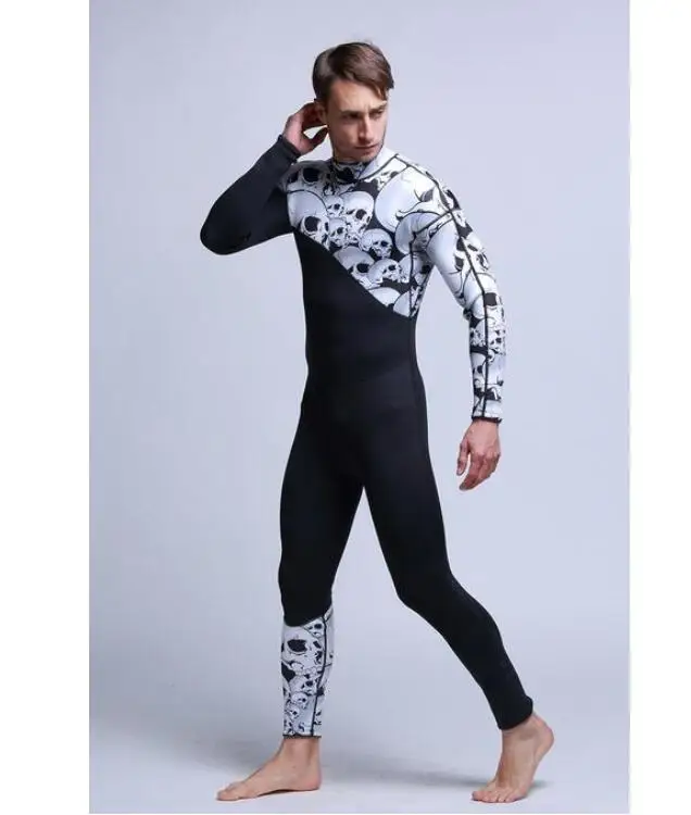 3mm Neoprene Men Full Bodysuit Wetsuit Back-Zip Warm Surfing Diving Skull Print 