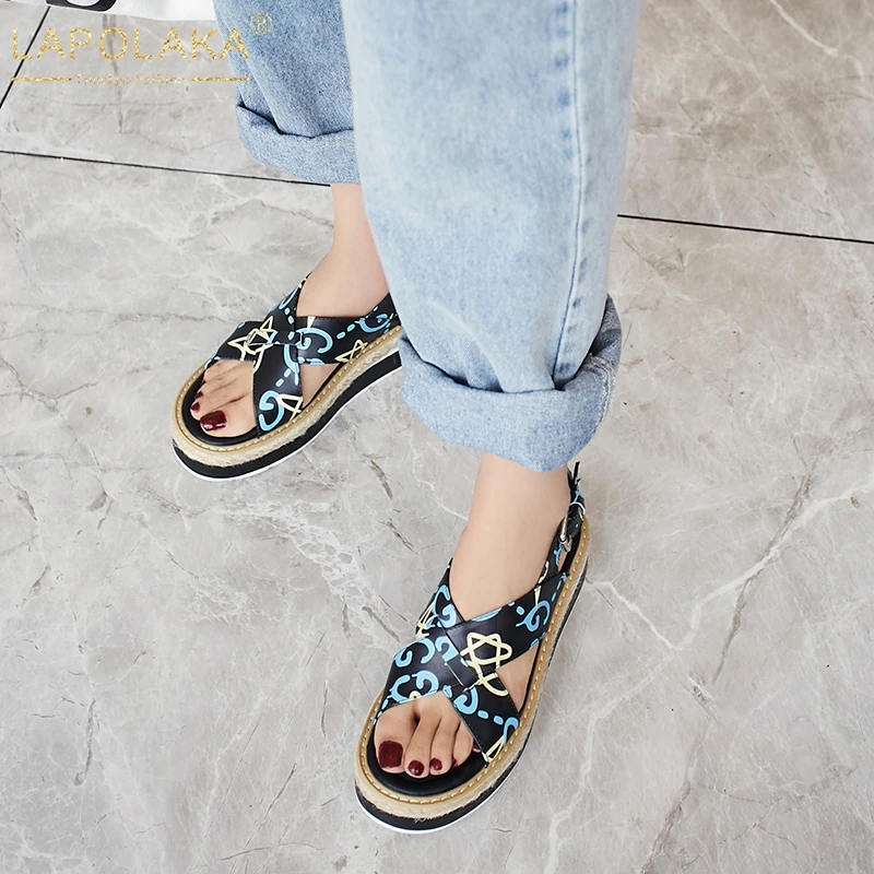 

LAPOLAKA New INS Hot Fashion Print Sandals Women Summer Cow Leather Platform Studennt Sandals Women Casual Shoes Woman
