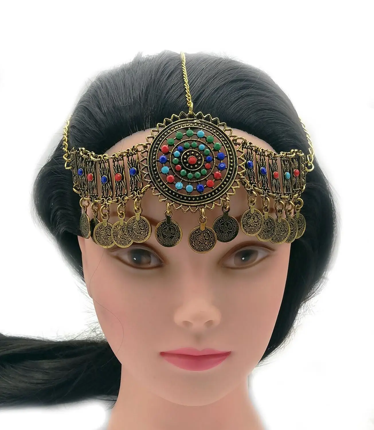 Ретро богемное ожерелье с монетами и бусинами, висячие серьги, браслет, цепочка на голову, головной убор, племенная Этническая Цыганская индийская джумка, ювелирный набор - Окраска металла: Gold Headbands