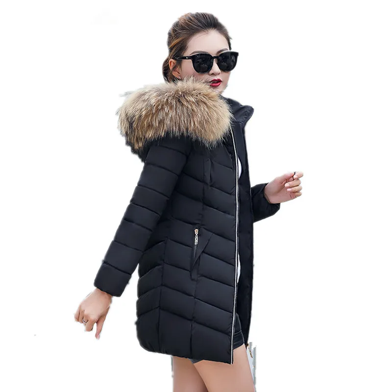 Зимняя женская куртка, пальто, тонкие длинные теплые куртки для женщин, большой меховой воротник, хлопковая Женская парка, пальто большого размера CC330 - Цвет: black