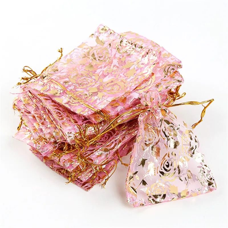 

100pcs/pack Pink Rose Wedding Gift Favor Organza Pouch Bags 90*120mm Fit Gift Packing