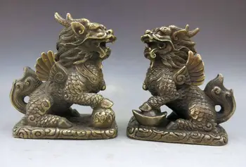 

China brass copper Feng Shui lucky Foo Dogs Lion kylin pair Sculpture Statue