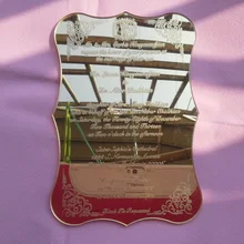 Customized 5X7inch scroll shape laser engraed letters Golden mirror acrylic wedding invitation card