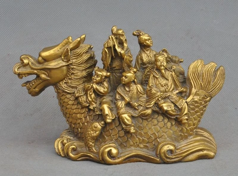 

7" Chinese Brass Myth Eight Immortals 8 God Ride Dragon Boat Lucky Art Statue