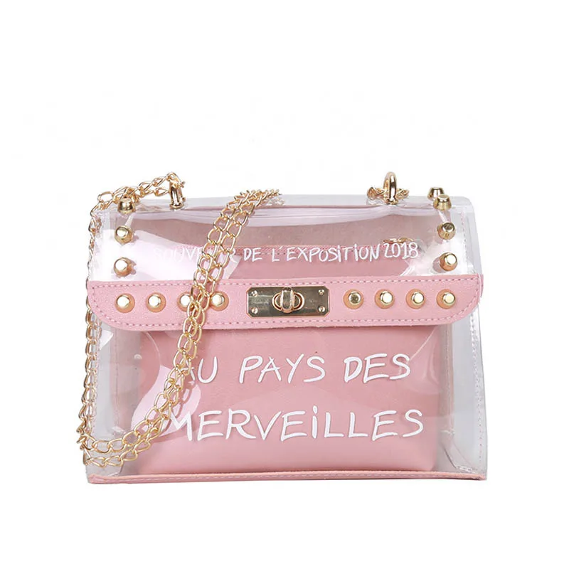 Fashion Sweet Women Lady Bag Clear Handbag Crossbody Composite Bag Transparent PVC Chain Pouch Tote New BS88