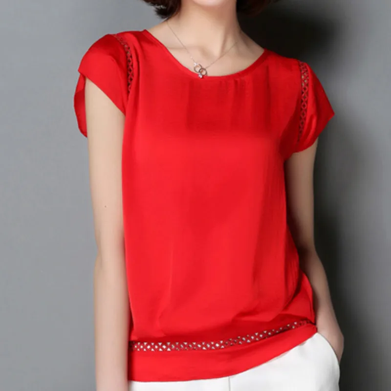 Атласные шифоновые рубашки с коротким рукавом большого размера, женские топы, Повседневная рубашка для отдыха, летние блузки, Офисная Женская блузка, топ красного цвета