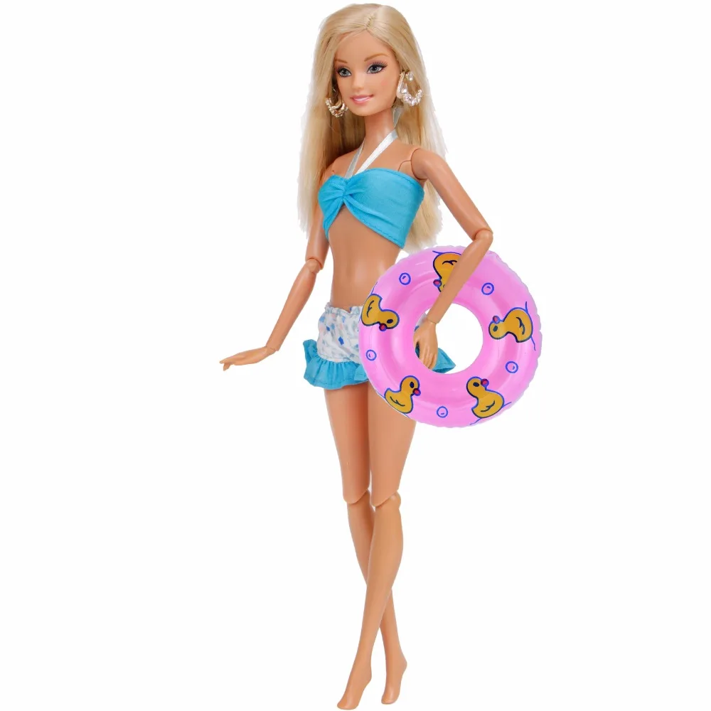 

2 Pcs = 1x Blue Sexy Beach Swimwear Bikini Swimsuit + 1x Pink Swimming Life Buoy Clothes For Barbie Doll Accessories Kid Gifts