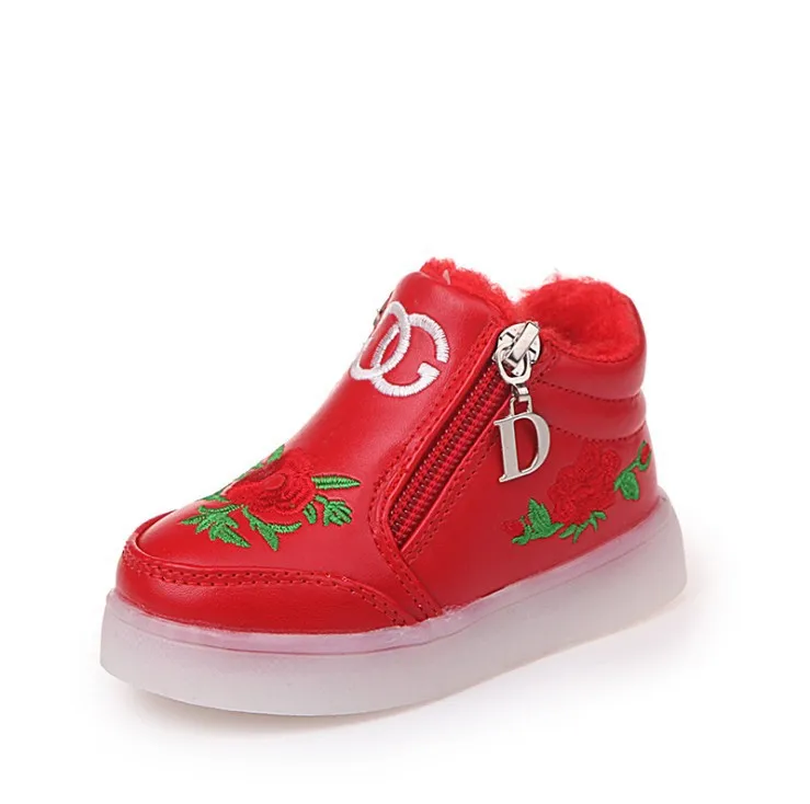Осень и зима Han детские спортивные огни детская обувь вышитые мультфильм Светящиеся светодиодный мягкая подошва обувь для девочек - Цвет: red