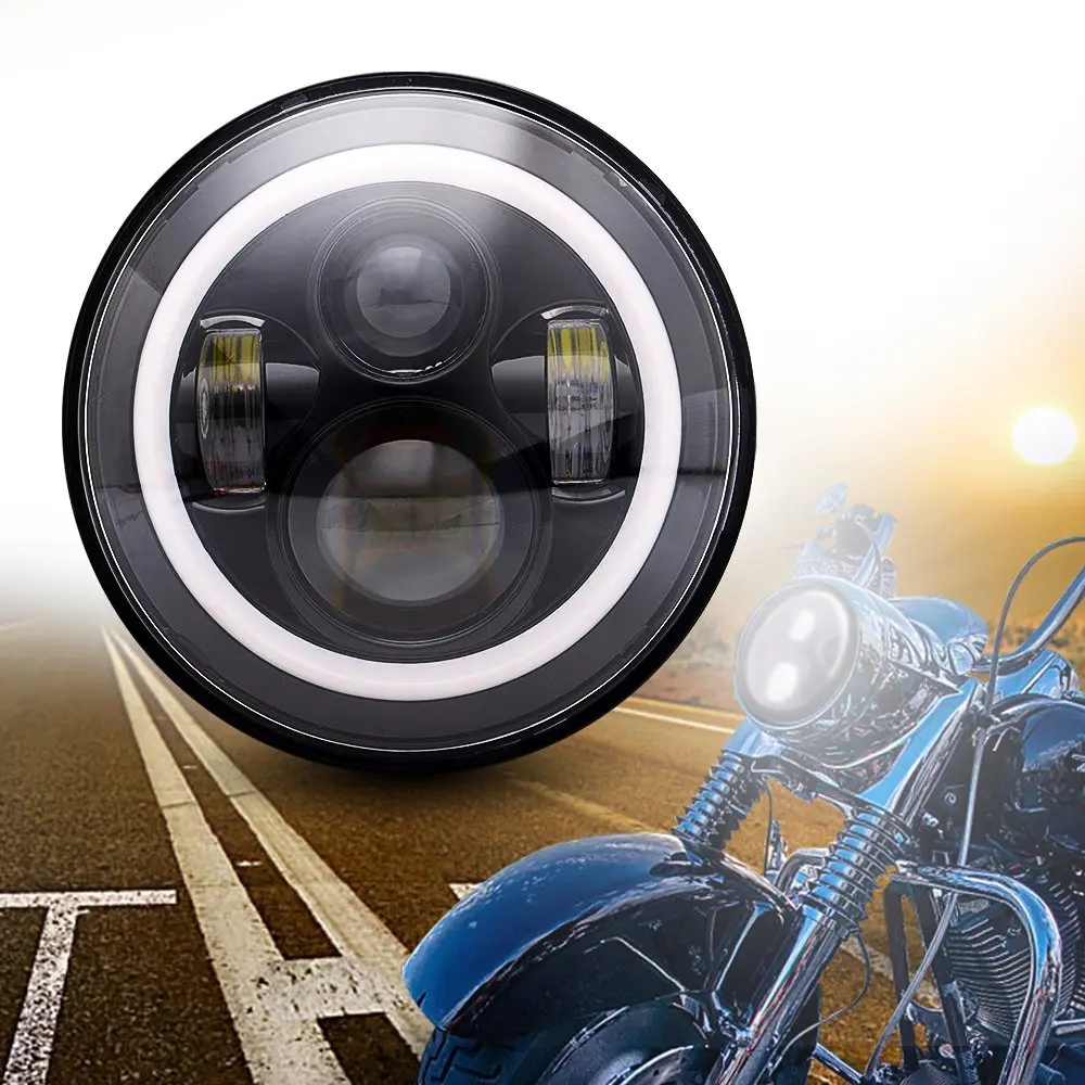 Pack-1 Black LED Round Headlight 7Inch Halo Angel Eyes DRL Hi/Lo Beam H6024 for Motorcycle Harley Davidson |