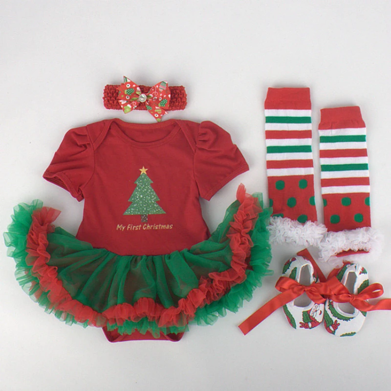 Podzimní vánoční květinové dívčí oblečení Novorozené dítě Romper Tutu šaty + čelenka + boty + legíny 4ks