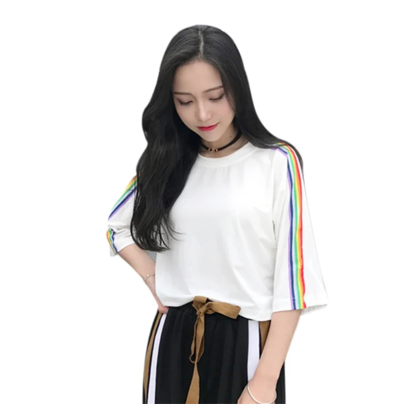 

2018 Women Cropped Top Rainbow Printed Summer T-shirt Top