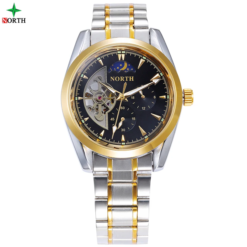

Men's Skeleton Automatic Mechanical Watch NORTH Fashion Casual Bracelet Stainless Steel Business Sports Waterproof Watch
