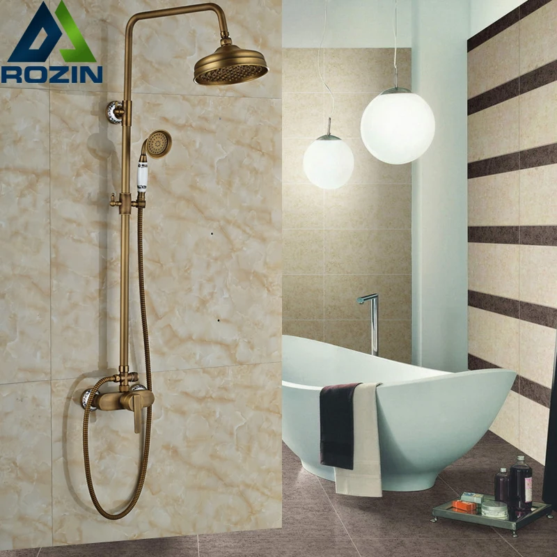 

Modern Two Handle Wall Mount Bathroom Shower Faucet 8" Rain Shower Head with Ceramic Hand Shower Mixer Faucet Crane