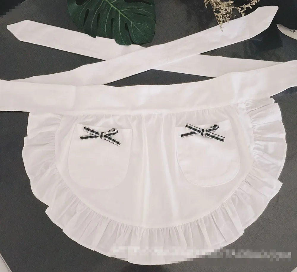 Sexy White Half Waist Ruffle Waitress Cosplay Avental de Cozinha Divertido Tablier Cuisine Pinafore Short Apron with Pockets - Цвет: 2