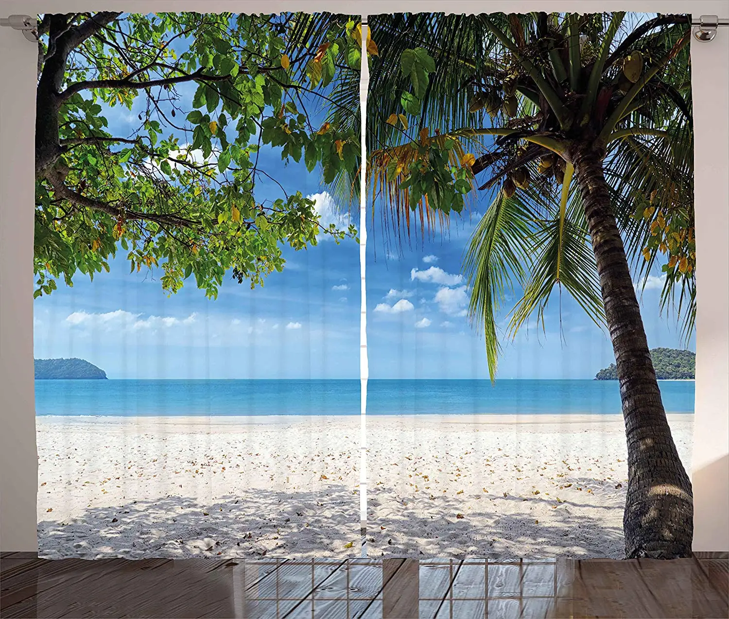 Cortinas de Verão Atrás de Palmeira Sala de Estar Cortinas de Janela Praia Tropical Oceano Caribe Férias Exóticas Imagem Quarto Painel 2