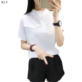 

KLV New Hot Women Blouse White/Blue Shirt Top Femme Casual Stand Long Sleeve OL Work Sliod Blouses Women's Blusa Shirts