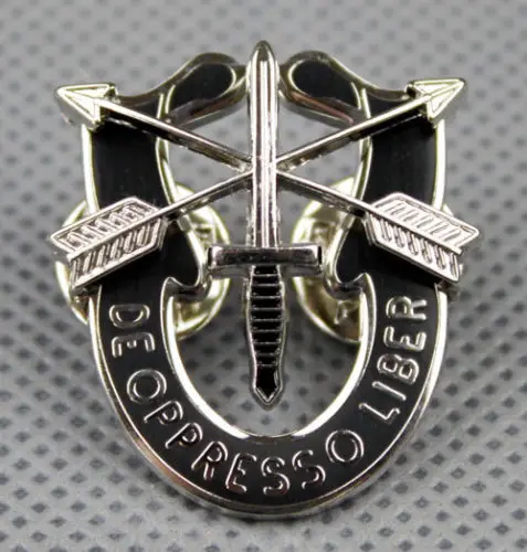 

US SPECIAL FORCES SF HAT MOTTO METAL BADGE DE OPPRESSO LIBE PIN