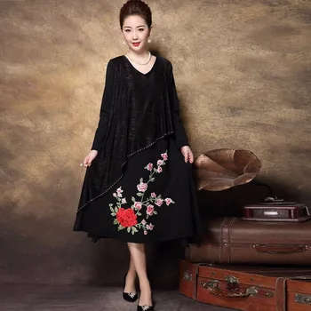 

Spring middle age Women beautiful long dress vintage embroidery Rhinestone elegant party dress V-neck plus size vestido L-XXXXL