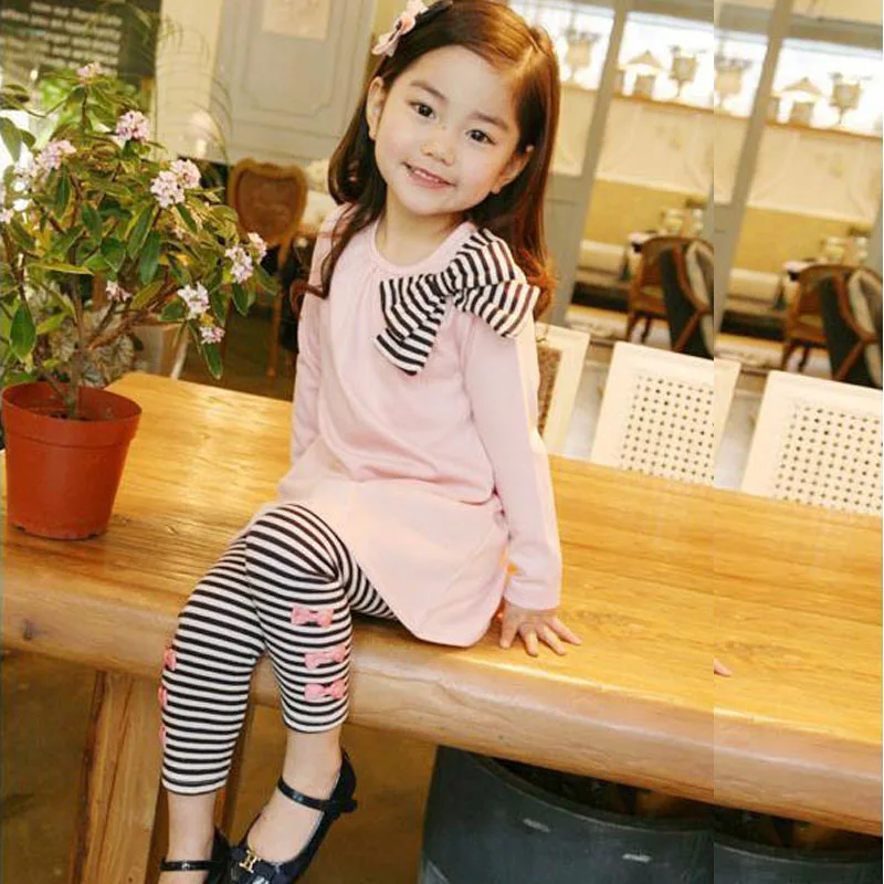 Children's clothing set cute girl casual wear spring autumn children's girls big bow decoration striped clothes girls clothing