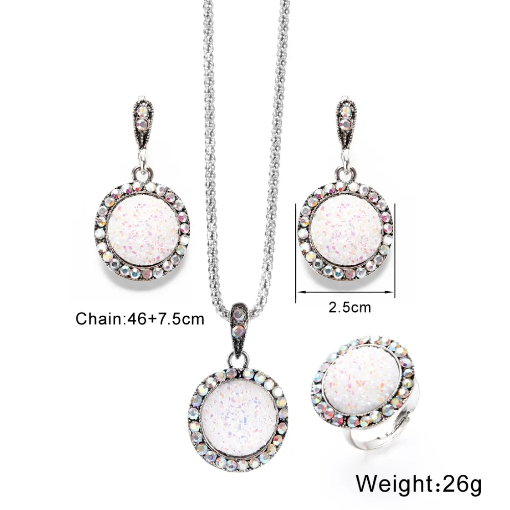 amazing price Vintage Gem Jewelry Set Fashion Women Jewelry Set Antique Silver Broken Stone Round Stone Pendant Necklace Sets