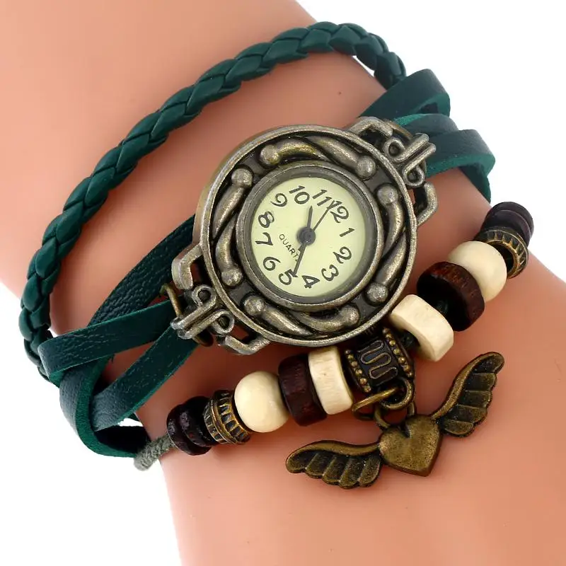 Gnova Платиновые индийские этнический браслет часы крылья Ангела Шарм винтажные часы наручные часы с ремешком из натуральной кожи девушка мода - Цвет: Зеленый